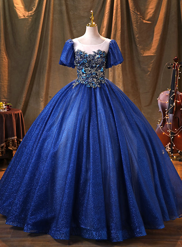 Dark Blue Tulle Sequins Puff Sleeve Appliques Quinceanera Dress