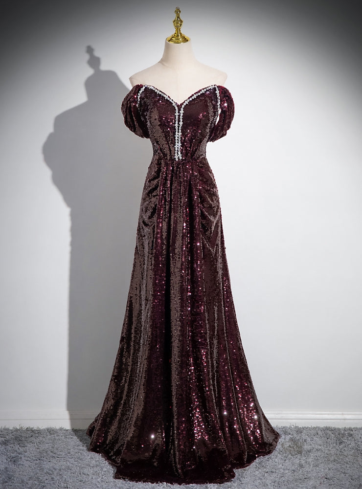 Dark Burgundy Sequins Off the Shoulder Prom Dress