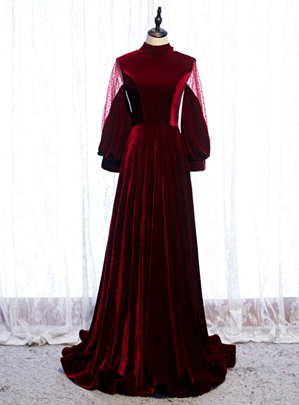 Dark Burgundy Velvet High Neck Long Sleeve Prom Dress With Bow