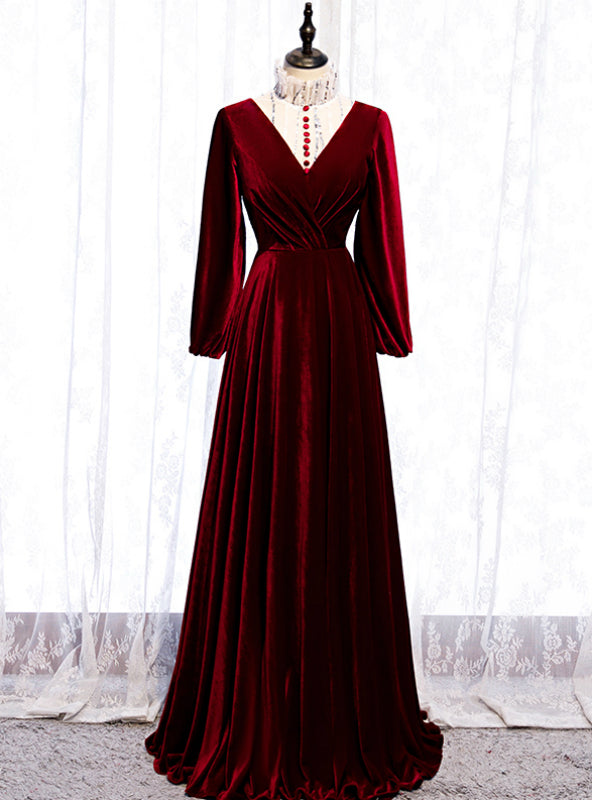 Dark Burgundy Velvet High Neck Long Sleeve Prom Dress