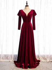 Dark Burgundy Velvet Long Sleeve V-neck Button Prom Dress