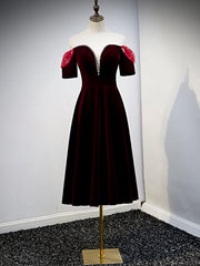 Dark Burgundy Velvet Short Sleeve Tea Length Prom Dress