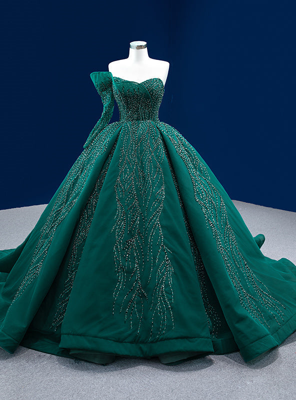 Dark Green Tulle One Shoulder Beading Prom Dress