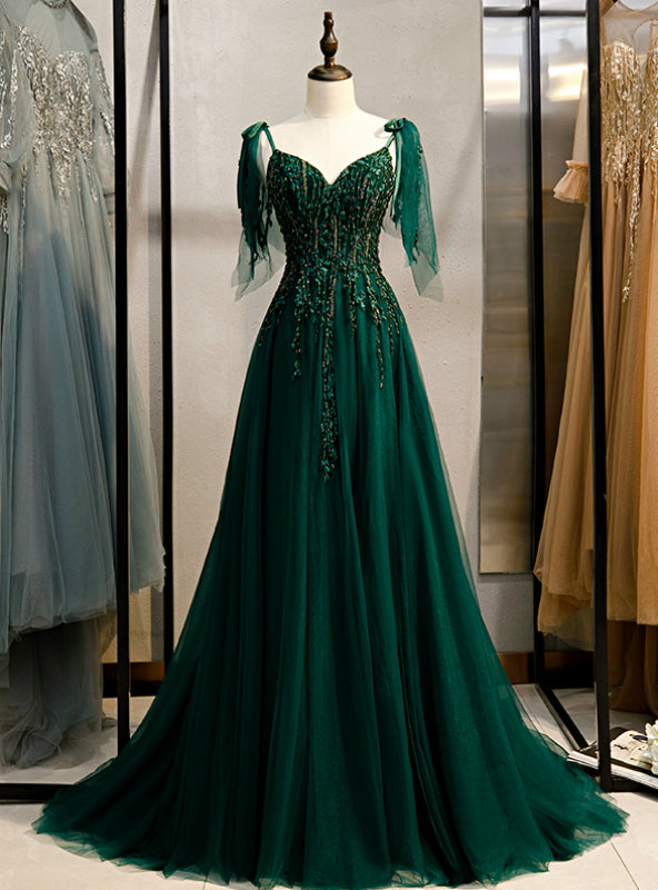 Dark Green Tulle Spaghetti Straps Beading Prom Dress