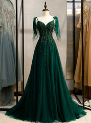 Dark Green Tulle Spaghetti Straps Beading Prom Dress