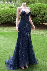 Dark Navy Blue Prom Dresses  Long Sequins Mermaid Women Tulle Evening Dresses Spaghetti Straps