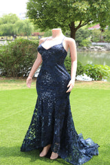 Dark Navy Blue Prom Dresses Sequins Mermaid Tulle Long Evening Dresses Spaghetti Straps