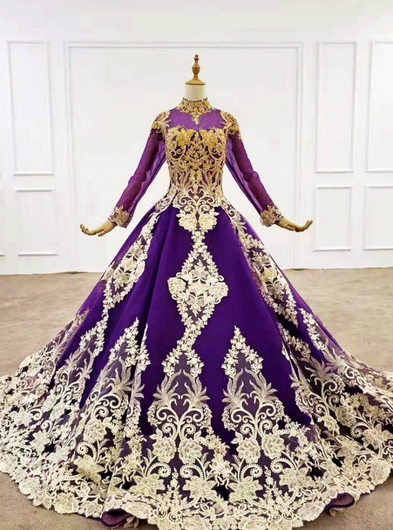 Dark Purple Ball Gown Tulle Long Sleeve High Neck Wedding Dress