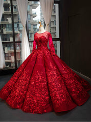 Dark Red Ball Gown Tulle Appliques Long Sleeve Backless Luxury Prom Dress