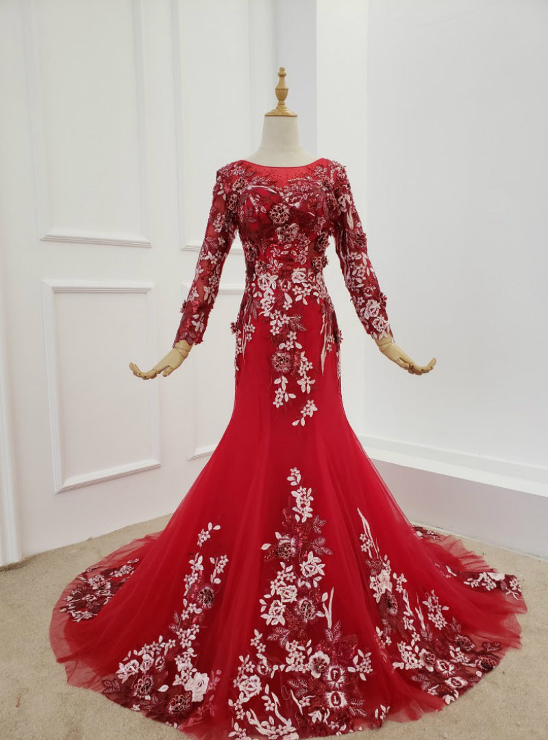 Dark Red Tulle Embroidery Appliques Long Sleeve Prom Dress