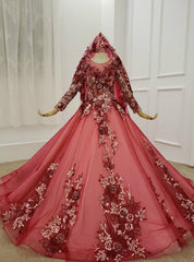 Dark Red Tulle Embroidery Appliques Long Sleeve Wedding Dress