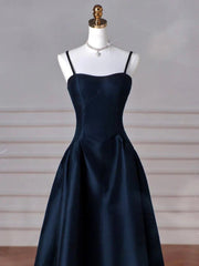 Dreamy Dark Blue Spaghetti Straps Satin Prom Dress