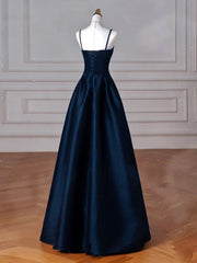 Dreamy Dark Blue Spaghetti Straps Satin Prom Dress