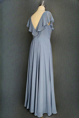 Dusty Blue V-Neck Chiffon Bridesmaid Dresses Backless Ruffled Split for Teens A-Line Long Bridesmaid Dress