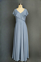 Dusty Blue V-Neck Chiffon Bridesmaid Dresses Backless Ruffled Split for Teens A-Line Long Bridesmaid Dress