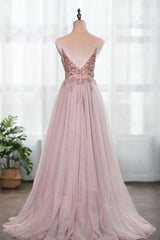 Dusty Pink Spaghetti Straps Gorgeous Beading Prom Dress A Line Split Tulle Evening Dresses