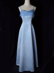 Elegant Blue Satin Spaghetti Straps Evening Gown A Line Long Party Dress Prom Dress