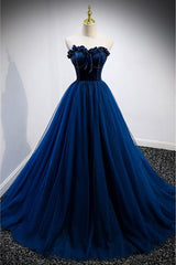 Elegant Blue Velvet And Tulle Long Prom Dress Strapless