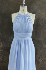 Elegant Chiffon Halter Floor Length Sky Blue Bridesmaid Dress