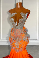 Orange Sleeveless Illusion Mermaid Prom Dresses With Beadings and Feather
