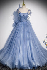 Fairytale Blue Flowers Long Tulle Ballgown Prom Dress