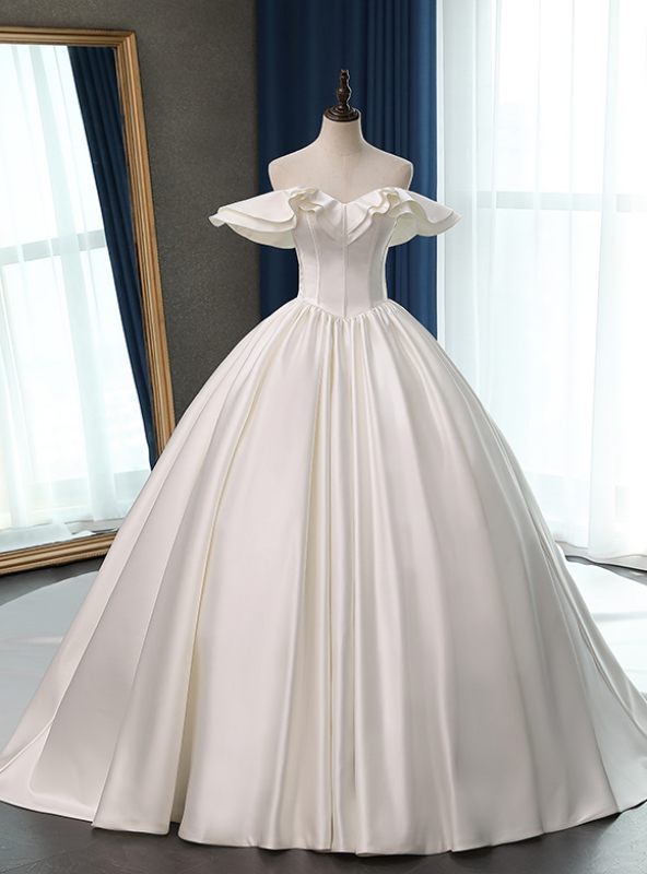 Fashion White Ball Gown Satin Off the Shoulder Wedding Dress With Long Train With Long Train