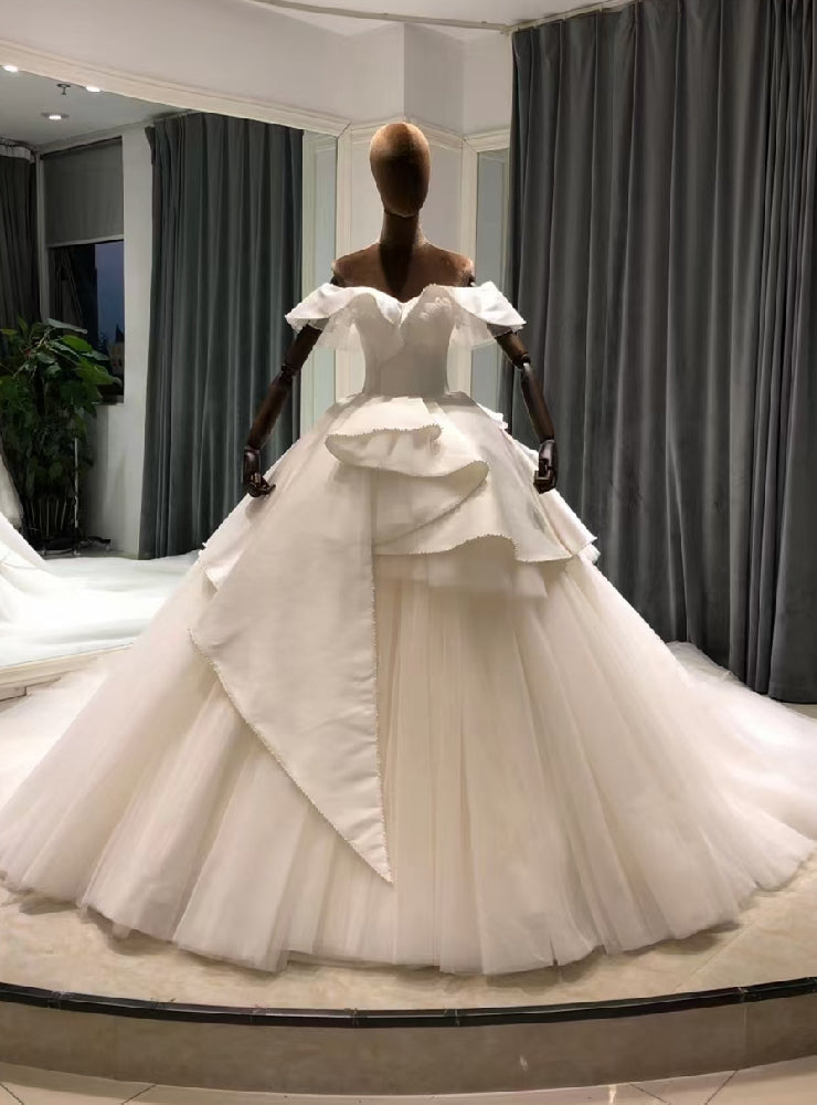 Fashion White Tulle Satin Off the Shoulder Wedding Dress