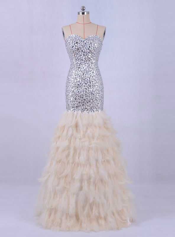 Feather Mermaid Evening Dress Crystals Bling Prom Party Dresses