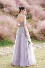 Purple tulle beads long prom dress A line evening dress