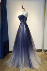 Blue tulle sequins long prom dress blue evening dress