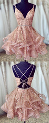 pink sleeveless v-neck spaghetti-straps sequins applique beaded homecoming dress