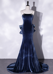 Prom Dresses,spaghetti Strap Prom Dresses, Blue Evening Dresses Velvet Party Dresses