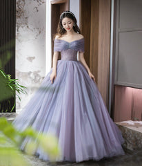 Purple Tulle Beaded Long Prom Dress, Off Shoulder Evening Party Dress