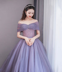 Purple Tulle Beaded Long Prom Dress, Off Shoulder Evening Party Dress