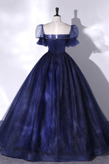 Blue Tulle Sequins Long Prom Dress Blue Evening Gown