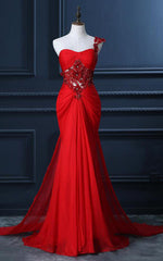 Trumpet Mermaid One Shoulder Chiffon Appliques Lace Beading Red Long Prom Dress