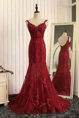 Red Mermaid Lace Long Prom Dress, Lace Mermaid Evening Dress