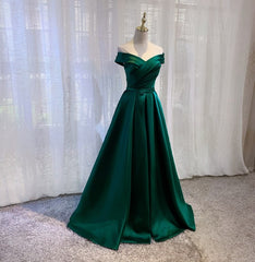 Satin Emerald Green Pleated A-Line Off-shoulder Prom Dresses