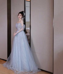 Cute Tulle Sequins Long Prom Dress, Blue A-Line Evening Dress