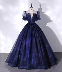 Blue Tulle Sequins Long Prom Dress Blue Evening Gown