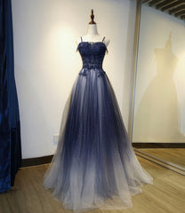 Blue tulle sequins long prom dress blue evening dress