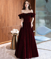 Burgundy vleve long prom dress A line evening dress