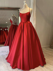 Red Satin Long Prom Dresses Simple A-line Evening Dresses Red Formal Gown