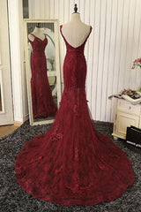 Red Mermaid Lace Long Prom Dress, Lace Mermaid Evening Dress