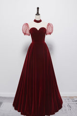 Cute velvet long prom dress burgundy A line evening dress