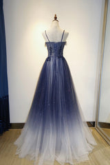 Blue tulle sequins long prom dress blue evening dress