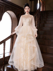 Champagne Tulle Long Sleeve Evening Party Dress