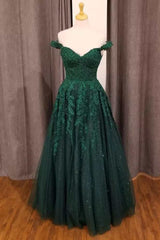 Off-the-Shoulder Cheap Hunter Green Formal Dress Floral Appliques Prom Dress