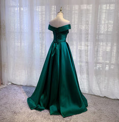 Satin Emerald Green Pleated A-Line Off-shoulder Prom Dresses