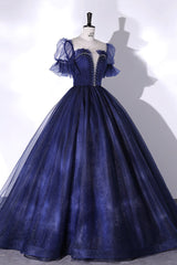 Blue Tulle Sequins Long Prom Dress Blue Evening Gown